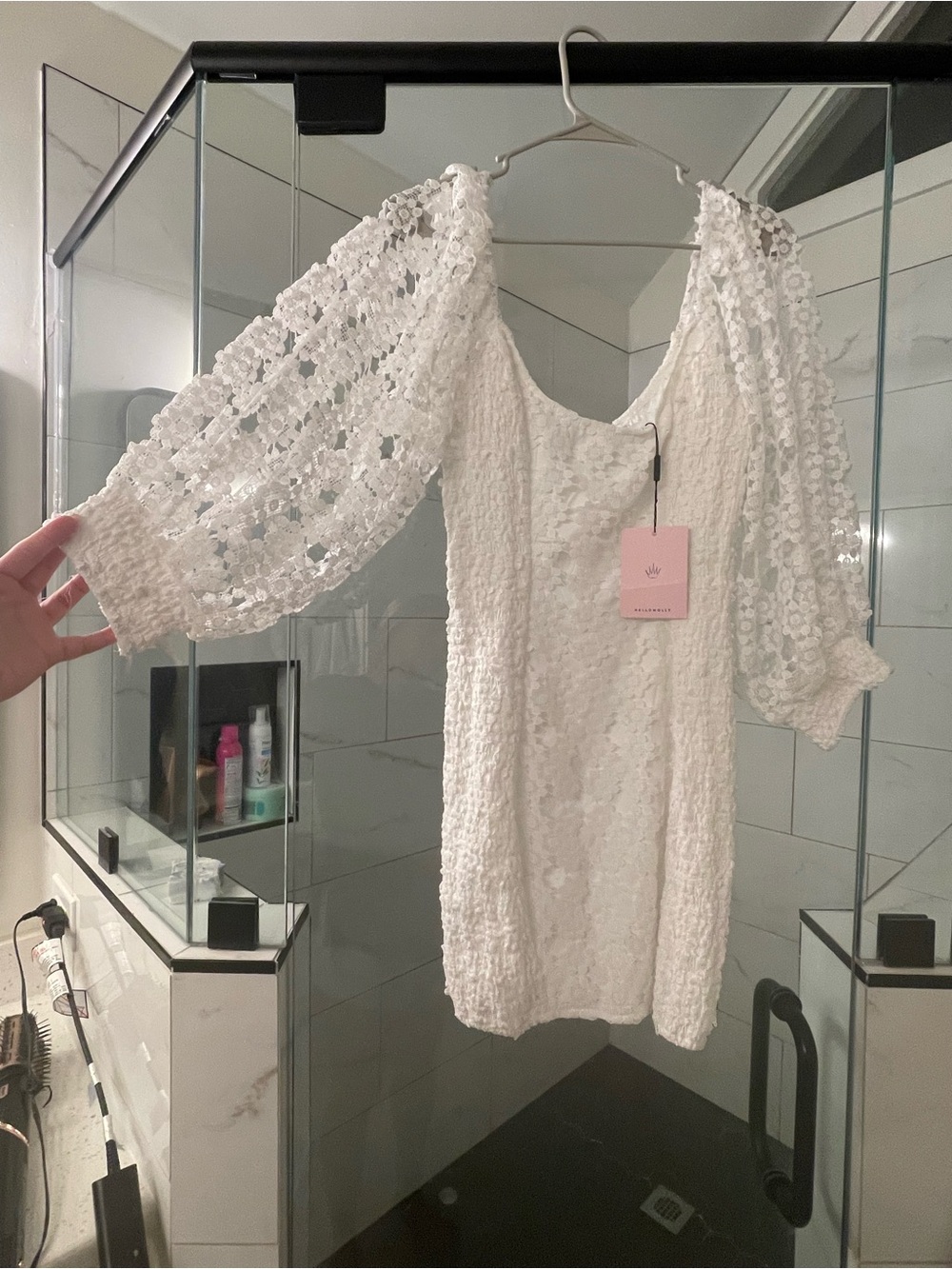 Hello Molly White Lace Puff Sleeve Mini Dress